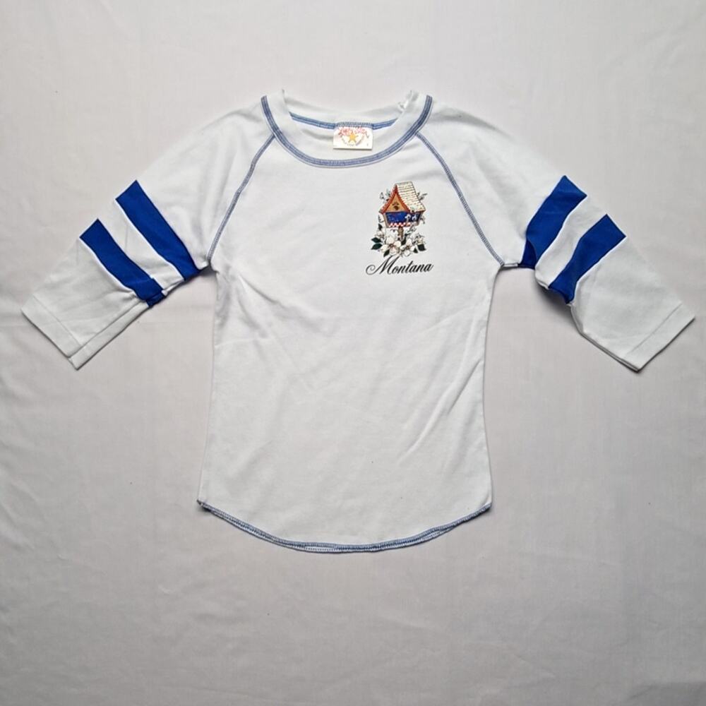 Vintage Montana Graphic Raglan T-shirt White Blue Striped Womens S Long Sleeve
